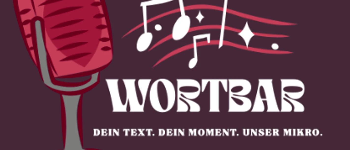 WortBar Illustration in weinrot. Sie zeigt ein Mikrophone, Noten und unter anderem das Wort "WortBar"