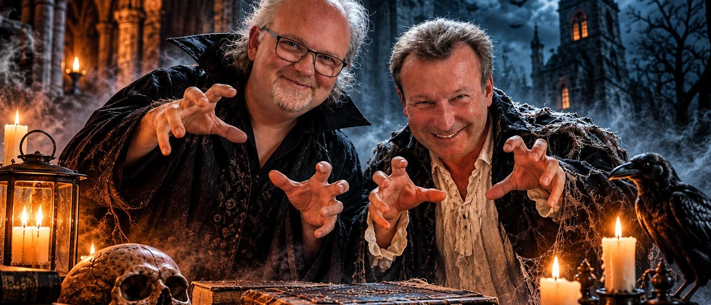 Best of: Grüße aus der Schattenwelt Auf dem Bild sind der Pianist Stephan Winkelhake und der Rezitator Frank Suchland zu sehen, die mit mit Musik und Texten aus der Schattenwelt grüßen.