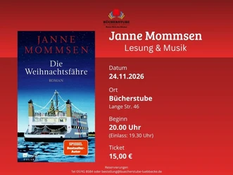 Janne Mommsen "Die Weihnachtsfähre" - Lesung und Musik Ankündigung der Lesung und Musik von Janne Mommsen zum Roman Die Weihnachtsfähre.