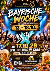 Bayrische Woche in Gestringen Flyer zur Bayrischen Woche in Gestringen mit Biergläsern, Brezeln und Event-Details.
