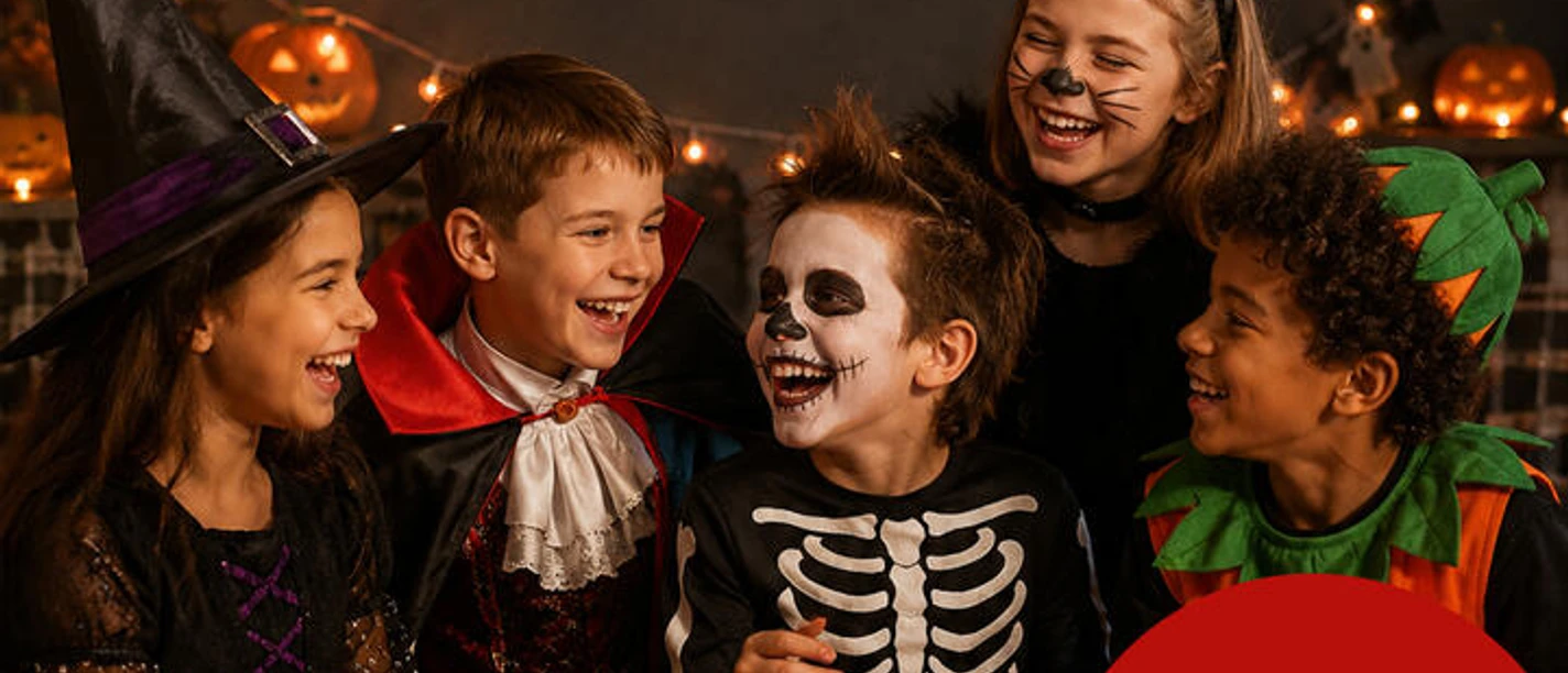 Herbstparty Lachende Kinder in Halloween-Kostümen auf einem Flyer für eine Herbstparty in Espelkamp.