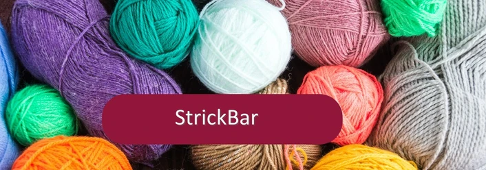 StrickBar Wollknäule in verschiedenen Farben darüber der Schriftzug "StrickBar"