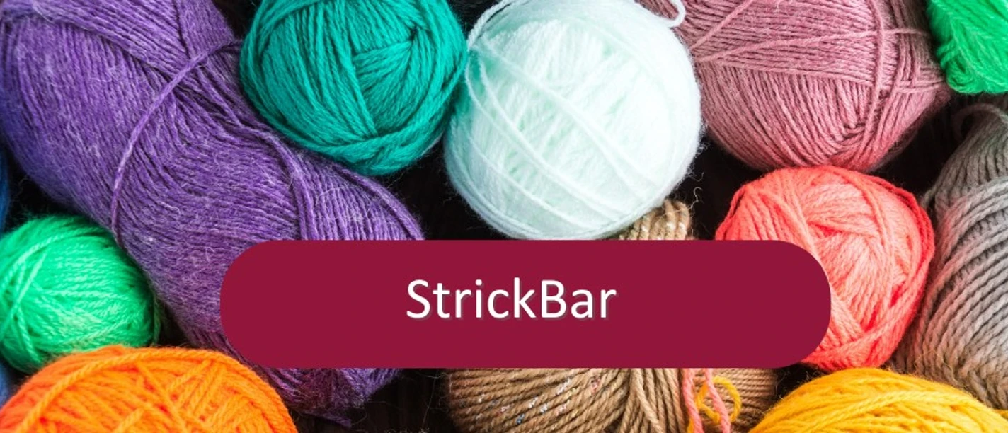 StrickBar Wollknäule in verschiedenen Farben darüber der Schriftzug "StrickBar"