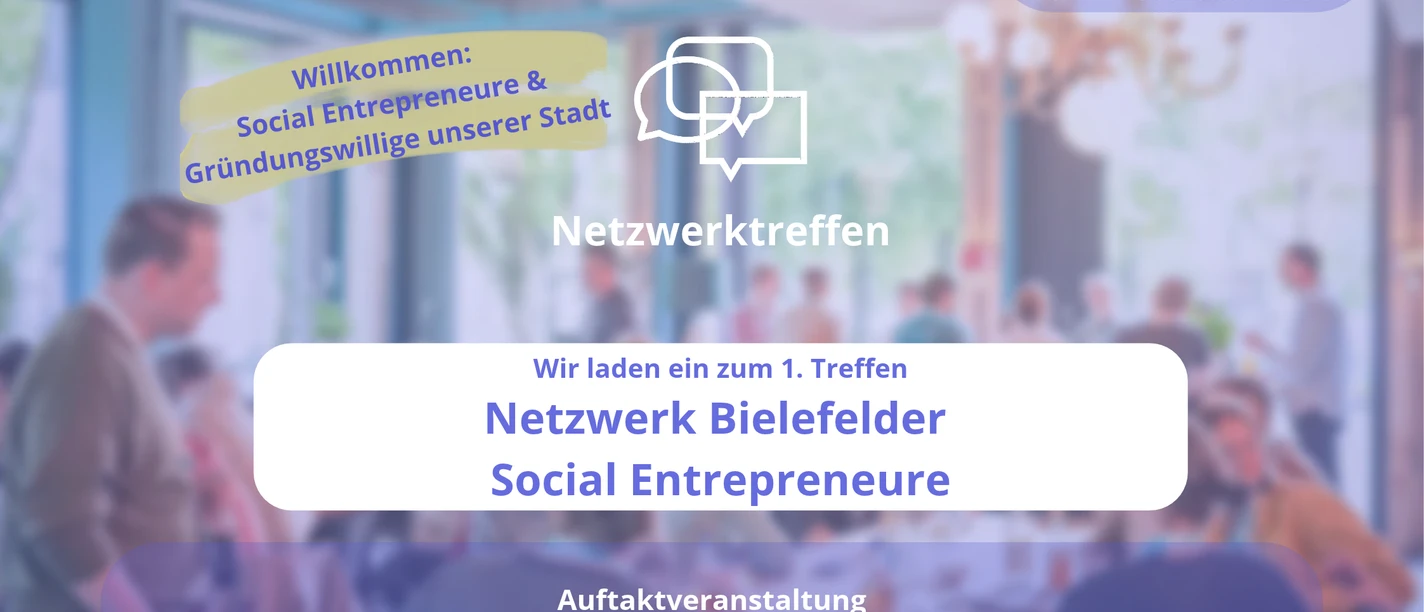 Das Bild zeigt im Hintergrund Menschen in einer Veranstaltung und bietet Angaben zur Veranstaltung