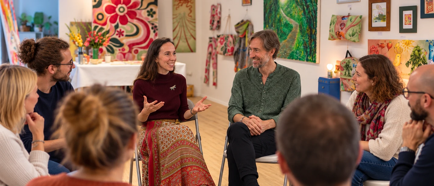 Cathleen und Jürgen Heimes sitzen mit einer Gruppe von Erwachsenen im BeFlowerPower Mitmach-Atelier