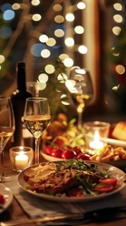 Winter Wonderland Buffet Festlich gedeckter Tisch mit Tellergericht, Weingläsern, Kerzen und warmen Lichtern.