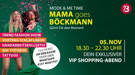 Mama goes Böckmann Eventplakat „Mama goes Böckmann“ mit zwei Frauen in Grün und pinkem Konfetti.