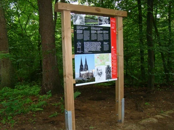 Infotafel am Weg Eine hölzerne Informationstafel im Wald zeigt historische Bilder und Karten im grünen Hintergrund.