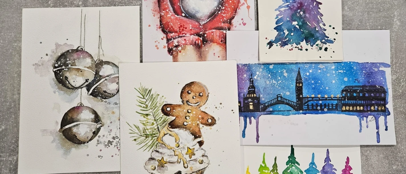 Weihnachtskarten mit Svetlana Hecht Weihnachtliche Aquarellkarten mit Lebkuchenmann, Tannenbäumen und Christbaumkugeln.