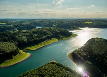 Große Dhünn- Talsperre Ein weitläufiger Stausee inmitten bewaldeter Hügel unter einem leicht bewölkten Himmel.