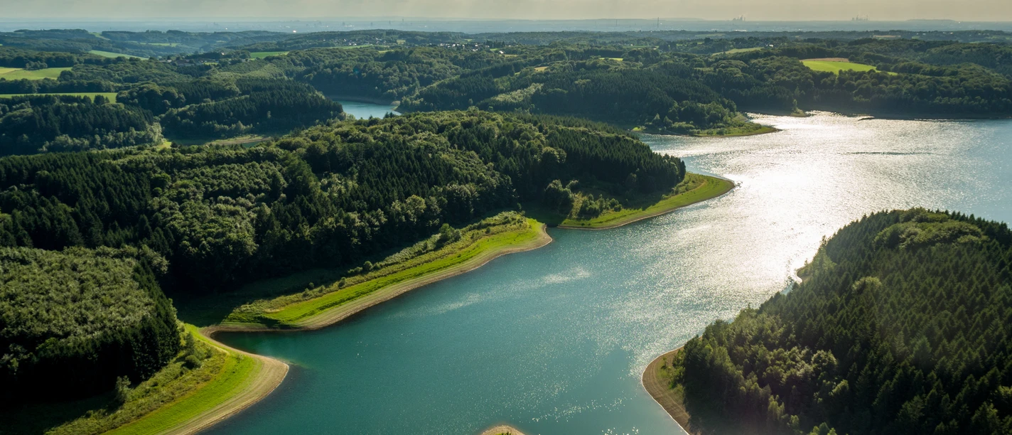 Große Dhünn- Talsperre Ein weitläufiger Stausee inmitten bewaldeter Hügel unter einem leicht bewölkten Himmel.