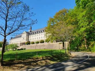Kardinal Schulte Haus Zufahrtsstraße zum Kardinal-Schulte-Haus mit Wiese, Bäumen und blauem Himmel