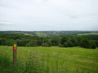 Ausblick am Etappenstart in Nümbrecht Blick über eine saftig grüne Wiese und dichte Wälder hin zu einem entfernten Dorf unter wolkigem Himmel.