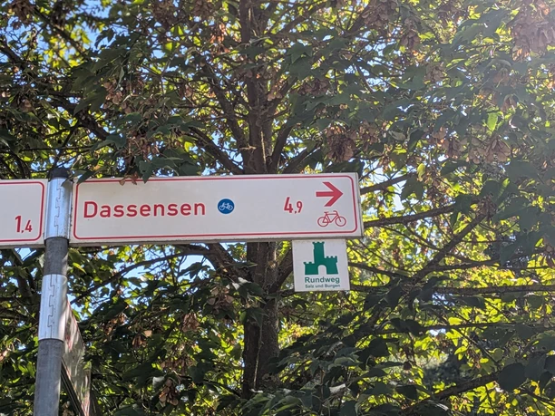 Radrundweg Salz und Burgen Radwegweiser nach Dassensen mit Schild Rundweg Salz und Burgen vor einem Baum.