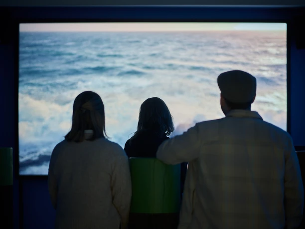 Remote Island im NS-DOK Drei Personen betrachten in einer dunklen Ausstellung eine großformatige Meeresprojektion.