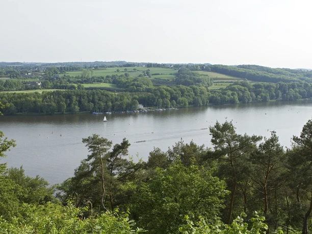 Baldeneysee <p>Blick auf den Baldeneysee in Essen, umgeben von grünen Hügeln und Waldlandschaft im Hintergrund.</p>