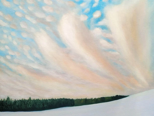 Kunstverein-Claudia-Simon-Winterstimmung.jpg Gemalte Winterlandschaft mit Wald und Himmel