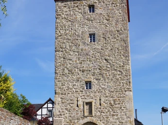 Katharinenturm in Stadt Blankenberg Mittelalterlicher Steinturm mit Torbogen und Fachwerkhaus daneben unter klarem, blauem Himmel.