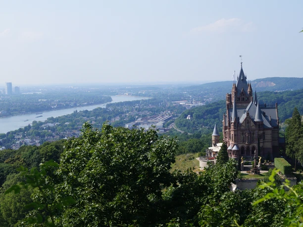 Blick auf Schloss Drachenburg und den Rhein (Richtung Bonn und Köln) Schloss Drachenburg thront majestätisch über dem Rhein, umgeben von üppigen Wäldern und weiter Landschaft.