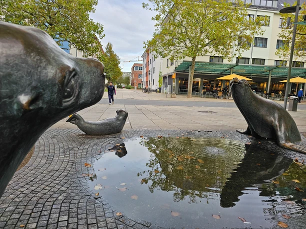 20261015_165640(c) Tanja Mehl_Erlebnis Bremerhaven_WEB.jpg Bronzene Seehunde an einem Brunnen auf einem Platz in Bremerhaven.