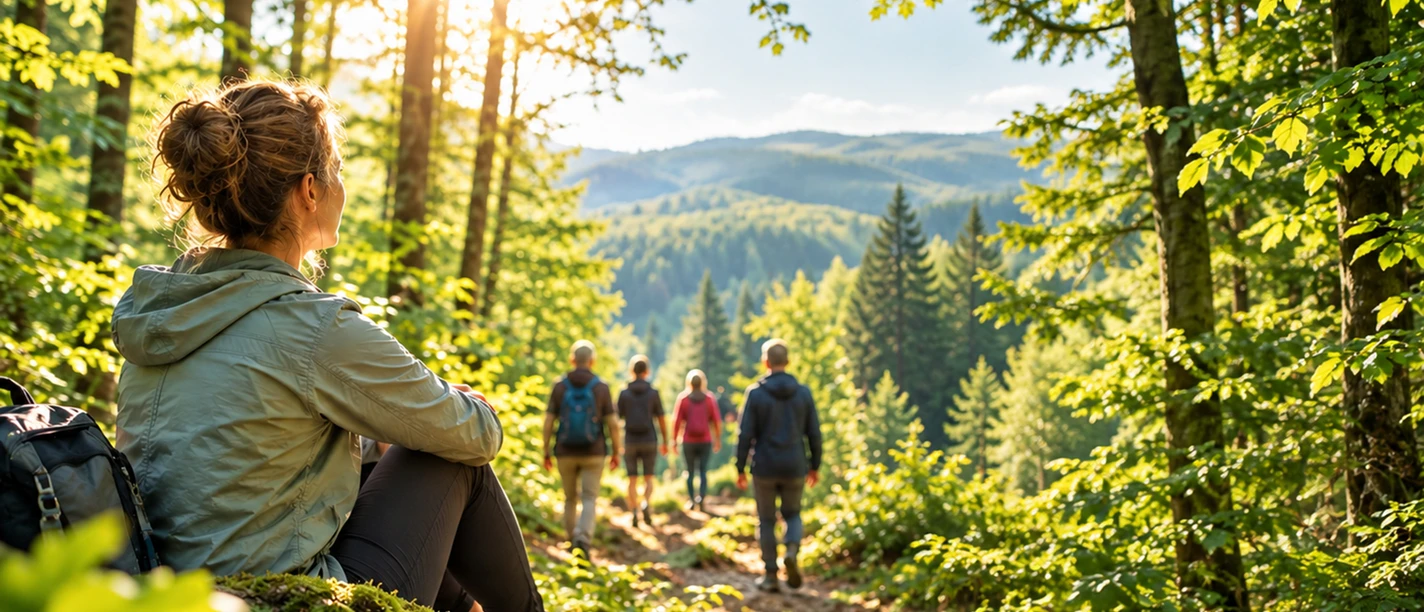 Waldbaden1920x1080ChatGpt.jpg Spaziergänger:innen am Waldweg bei Sonnenschein