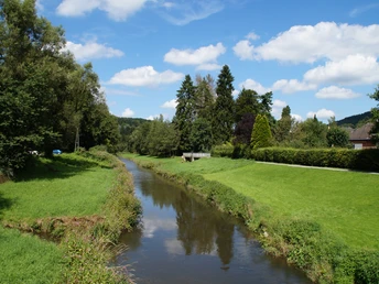 Sülz bei Hoffnungsthal Fluss mit grünen Ufern und Bäumen, unter blauem Himmel mit weißen Wolken, an einem sonnigen Tag.