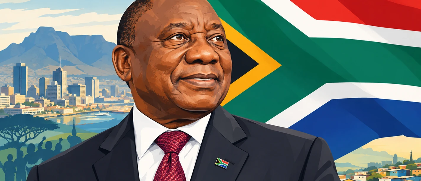 Das-Ende-der-Apartheid1920x1080Chatgpt.jpg Südafrikas Präsident Cyril Ramaphosa vor der Nationalflagge und Kapstadt