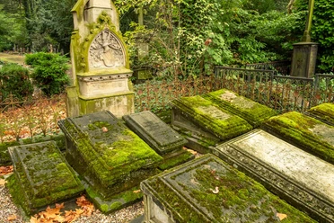 Melaten Cemetery in Cologne Moss-covered graves and a historic headstone at the Melaten Cemetery in Cologne