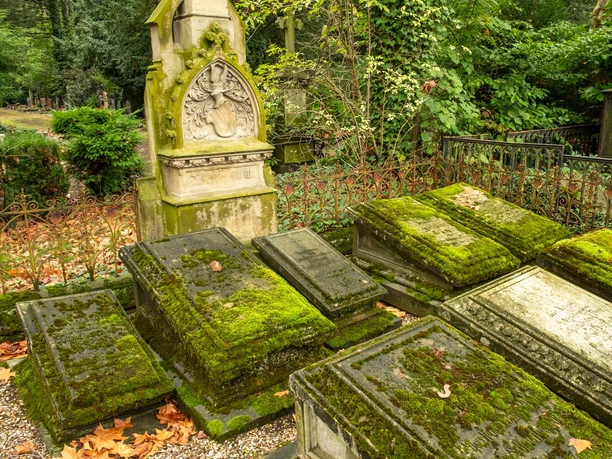 Melaten-Friedhof in Köln Moosbewachsene Grabstätten und historischer Grabstein auf dem Melaten-Friedhof in Köln