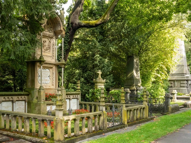 Melaten Cemetery in Cologne Historic tombs at the Melaten Cemetery beneath a dense canopy of green foliage