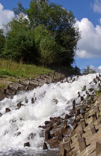 Eindrücke am Wegesrand Wasser fließt über eine steinbefestigte Kaskade, umrahmt von grünem Bewuchs unter blauem Himmel.