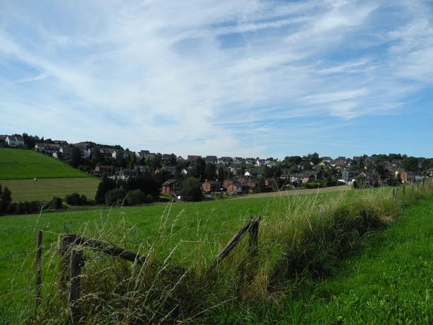 Eindrücke am Wegesrand Panoramablick auf eine grüne Wiese mit einem Dorf und bewölktem Himmel im Hintergrund.