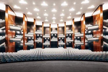 Saal Opernsaal Blick von der Bühne in den hell erleuchteten Opernsaal der Oper Köln mit Rängen