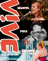 V!VE - Velbert Live Vol. 2 Plakat zum Konzert V!VE mit Porträts von Madita, Puls und Salomee Sky.