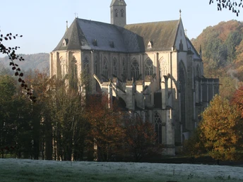 Altenberger Dom Neugotische Abteikirche in idyllischer Herbstlandschaft mit buntem Laub und blauen Himmel im Hintergrund.
