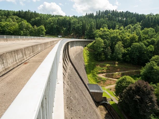 Blick auf die Staumauer <p>Panoramablick auf die imposante Genkeltalsperre, umgeben von üppigen Wäldern unter blauem Himmel.</p>