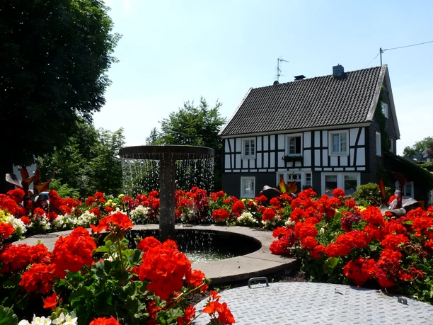 Ortskern Nümbrecht Fachwerkhaus mit rotem Blumengarten und Brunnen, umgeben von Bäumen an einem sonnigen Tag.