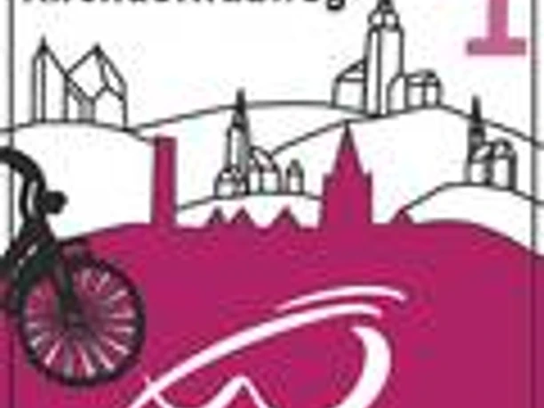 Markierungszeichen Kirchdorfradweg 1 Piktogramm zeigt den Kirchdorfradweg Nummer 1 mit einer stilisierten Kirche und Fahrrad.