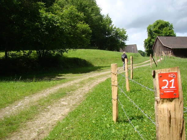 Markierungszeichen Ein Wanderer geht auf einem grasbewachsenen Weg entlang eines Holzzauns durch eine grüne Landschaft.