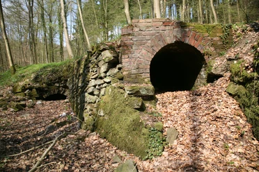 Reste eines unterirdischen Wassergrabens Zwei bemooste Tunnelöffnungen aus Ziegeln und Stein in einem mit Laub bedeckten Waldboden.