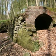 Reste eines unterirdischen Wassergrabens Zwei bemooste Tunnelöffnungen aus Ziegeln und Stein in einem mit Laub bedeckten Waldboden.