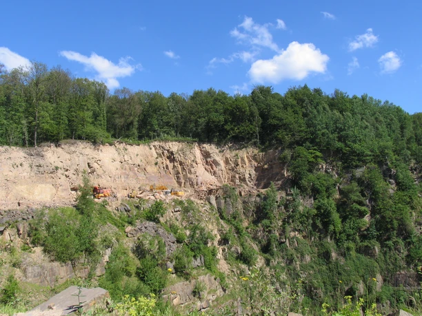 Steinbruch in Lindlar Steilhang eines Steinbruchs mit Baggern, umgeben von üppigem grünen Wald unter blauem Himmel.