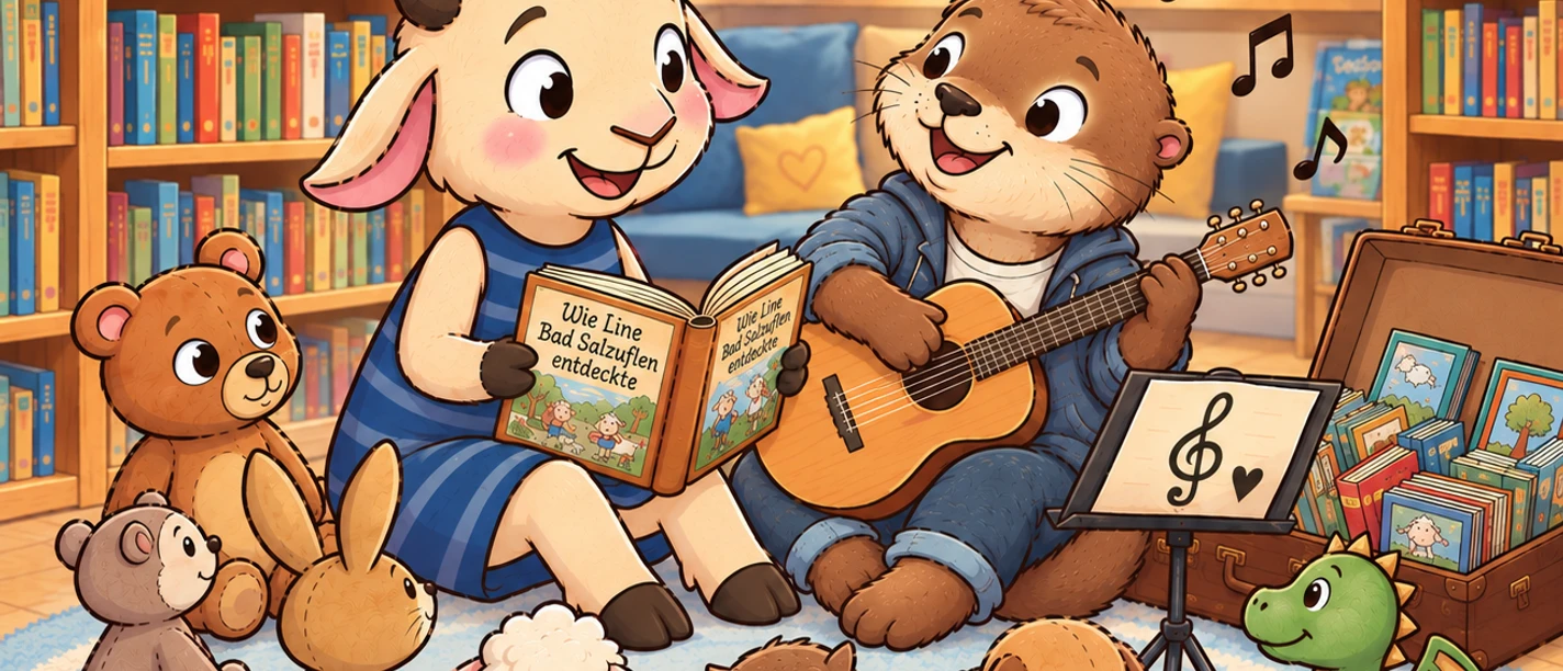 Eine niedliche Szene in einer Bibliothek, in der Ziege Line und ein Otter gemeinsam Geschichten erzählen und musizieren. Um sie herum sitzen gespannt verschiedene Tierfreunde.