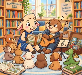 Mitmach-Lesung mit Musik Eine niedliche Szene in einer Bibliothek, in der Ziege Line und ein Otter gemeinsam Geschichten erzählen und musizieren. Um sie herum sitzen gespannt verschiedene Tierfreunde.