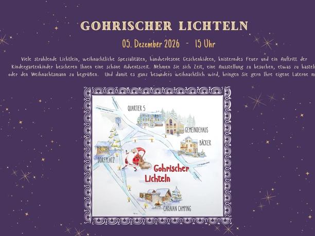 Gohrischer Lichteln Gohrischer Lichteln, 05. Dezember 2026, 15 Uhr, mit Illustrationen von Gebäuden und Weihnachtsmotiven.