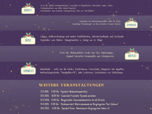 Veranstaltung Gohrischer Lichteln Veranstaltungsübersicht mit Datum, Uhrzeit und Beschreibungen in lila, mit Sternen
