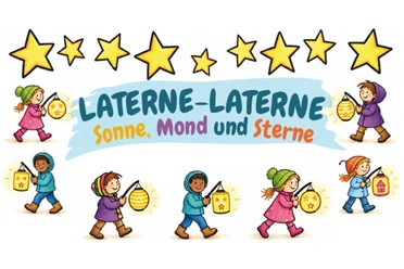 Laternenumzug_Dorum.jpg Grafische Sterne und Kinder mit Laternen im Comic-Stil machen einen Laternenumzug.