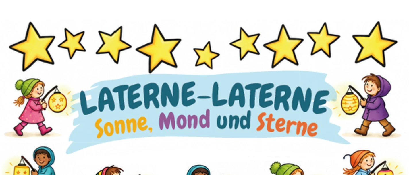 Laternenumzug_Dorum.jpg Grafische Sterne und Kinder mit Laternen im Comic-Stil machen einen Laternenumzug.