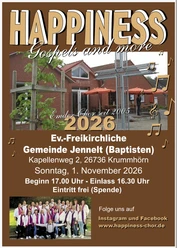 Gospels and more Plakat zum Gospelkonzert Happiness 2026 in der Evangelisch-Freikirchlichen Gemeinde Jennelt