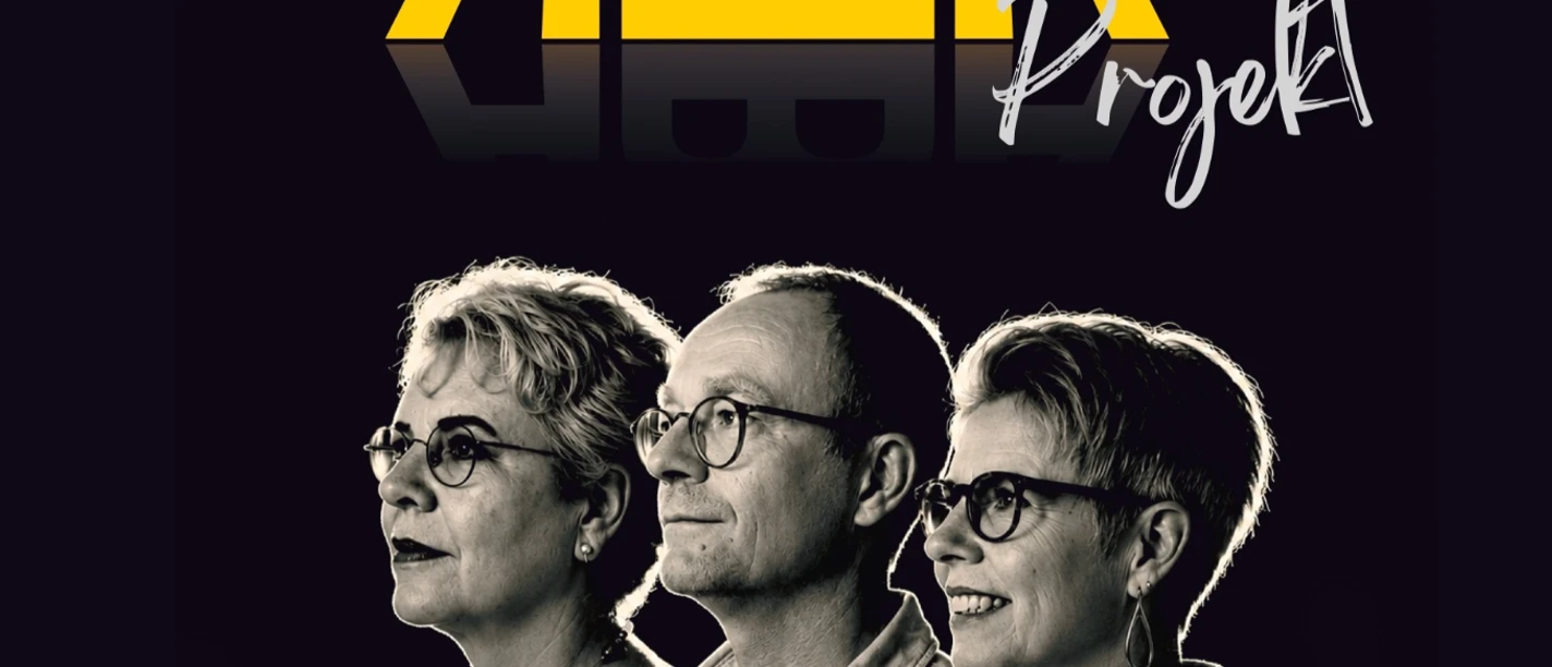 Sonntags-Café in der AWO Konzertplakat des ABA Projekts mit Porträts von Stefanie, Lutz und Susanne.